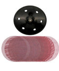 11 Inch Sanding Disc Set Comes With 225mm Mesh Hook And Loop Sandpaper For Super Smooth Jobs Plus 6 Hole Dust Extraction Backing Pad, showing 6 discs and backing pad.