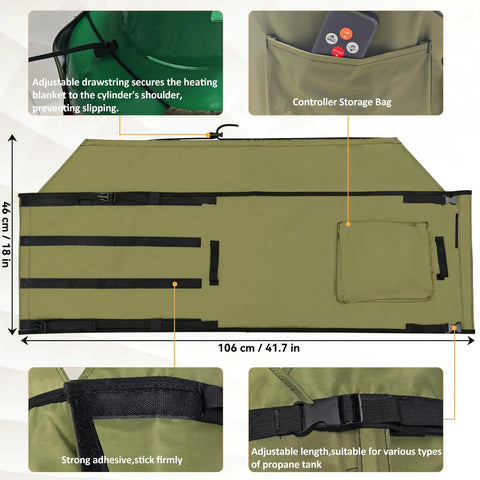 Propane Tank Heater Blanket With Digital Temperature Control And 24 Hour Timer UL Certified Safe Warmer, green, unfolded with storage bag.