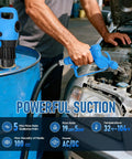 Hassle Free Electric Drum Pump With Telescopic Suction Tube And Swivel Nozzle Plug Into 120V Ac Or Run On 12V Dc Transfer For Def Diesel Water Kerosene 5 Gpm Fast Flow Solid Workhorse Machine in use on a blue barrel.