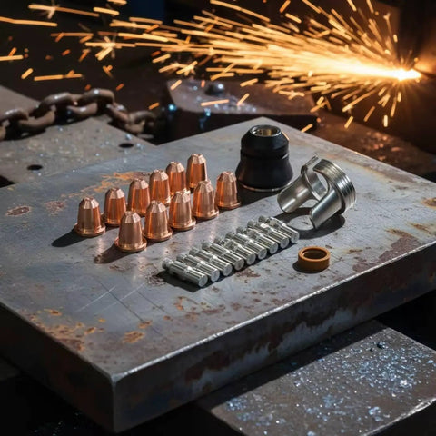 Pro Grade Torch Consumables Kit With Cutter Nozzles Electrodes Retaining Cap Insulating Cap And Washers, Heavy Duty Spare Parts For Fabrication Shops, Repair Garages, And Home Workshops on steel plate