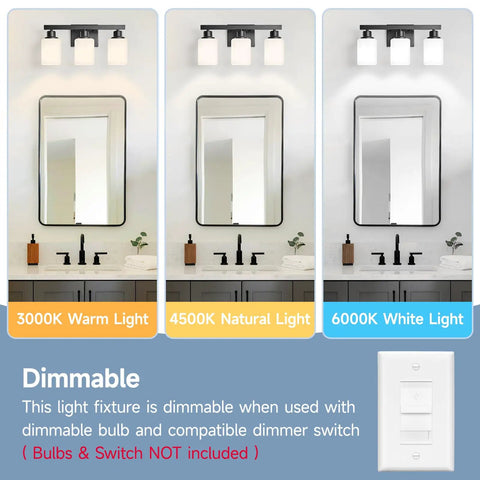 Straight Up Solid 3 Light Bathroom Vanity Lights With Square Frosted Glass Shades Matte Black Wall Sconces For Over Mirror Or Restroom That Looks Fly And Works Like A Charm showing different light settings.