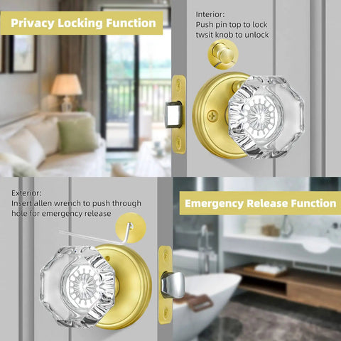 Octagon Crystal Glass Door Knob With Privacy Lock For Interior Doors Satin Brass Finish Inside Thumb Button Lock With Emergency Allen Key Release Ideal For Bathroom And Bedroom Privacy
