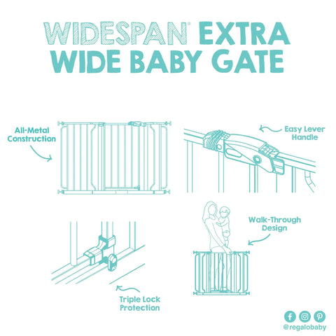 Diagram of extra wide baby gate with metal frame, easy lever handle, and walk-through design for doorways and stairs safety.