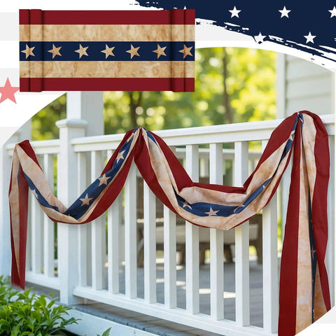 Patriotic Flag Bunting Set, 2 Pack Of 2x20 Ft Outdoor Banners draped on white porch railing showing red, white, and blue stars.