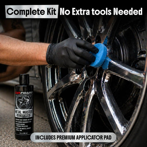 Applying Metal Polish Kit With Applicator Pad That Restores Boss Shine And Removes Oxidation On Chrome Aluminum And Stainless Steel