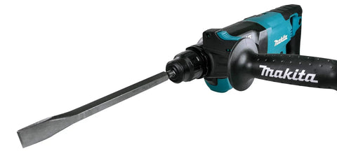 3 Piece SDS Plus Chisel And Point Bit Set For Rotary Hammers on black rotary hammer, showing 10 Inch Flat Chisel 0.8 Inch in use