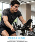 Top Shelf Adjustable Fan Clamp Attachment For Shark ChillPill 3 In 1 Cooling Fan mounted on exercise bike for hands-free use.