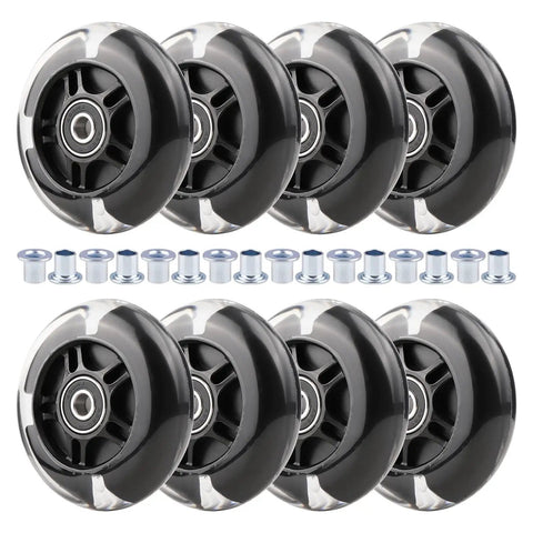 LED Light Up Inline Skate Wheels With Bushings 64-80mm 85-88A Black 8 Pack For Kids Beginners Indoor Outdoor Flashing Night Rides