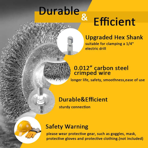 3 Pack Brass Coated Wire Wheel Brush Kit For Drill With 1/4 Inch Shank, crimped cup brush shown with wire details and safety notes.