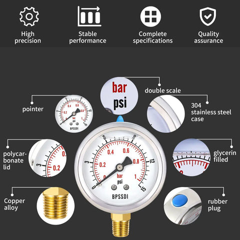 Glycerin Filled Low Pressure Gauge 2.5 Inch Dial 0-15 PSI 1/4 Inch NPT Lower Mount 304 Stainless Steel Case with detailed features