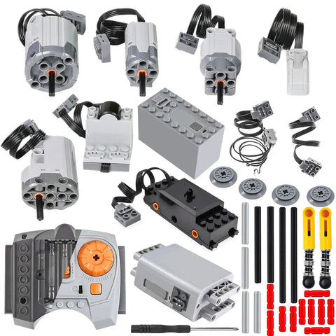 36 Pcs Power Functions Motor Set For STEM Building Blocks with motors, battery boxes, receiver, remote, axles, and wheels.