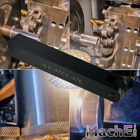 Beefy Straight Linear Knurling Tool Holder For 1 Wheel Size 3/4 In By 3/4 In By 5 In Includes 3/4 In By 3/8 In By 1/4 In Knurl Bit Built From EN31 Alloy Steel in action on a lathe machine.