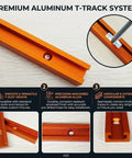 Knockout Aluminum T Track Kit For Woodworking Dead On Precise T Slot Slide Rails Built Tough With Table Saw Fence Guide and Router Jig Fixture Setup showing an orange aluminum t-track with smooth T-slot design.