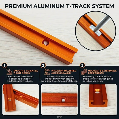 Knockout Aluminum T Track Kit For Woodworking Dead On Precise T Slot Slide Rails Built Tough With Table Saw Fence Guide and Router Jig Fixture Setup showing an orange aluminum t-track with smooth T-slot design.