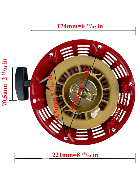 Recoil starter assembly for Tune Up Kit For Honda GX160 GX200 Small Engines 163cc 196cc Rebuild Kit with dimensions