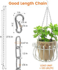 One Eighth Inch Stainless Steel Gate Chain Lock For Outdoor Fences Adjustable 28 Inch Gate Link Chain With One Fifth Inch Carabiners Built For Heavy Duty Use Tough As Nails Yard Gates Pet Cages Garden Doors Silver showing dimensions and plant holder.