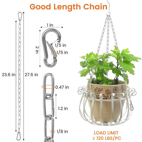 One Eighth Inch Stainless Steel Gate Chain Lock For Outdoor Fences Adjustable 28 Inch Gate Link Chain With One Fifth Inch Carabiners Built For Heavy Duty Use Tough As Nails Yard Gates Pet Cages Garden Doors Silver showing dimensions and plant holder.
