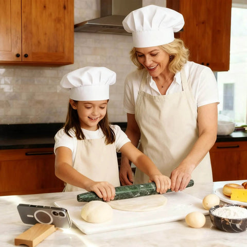 Child using French Marble Rolling Pin With Wooden Resting Base 15 Inch Nonstick Dough Roller For Pie Crust Cookies And Pasta
