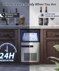 High Efficiency Under Counter Ice Maker, 120 Lbs Per Day, Stainless Steel, 45 Ice Cubes Per Cycle, installed in kitchen cabinet