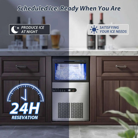 High Efficiency Under Counter Ice Maker, 120 Lbs Per Day, Stainless Steel, 45 Ice Cubes Per Cycle, installed in kitchen cabinet
