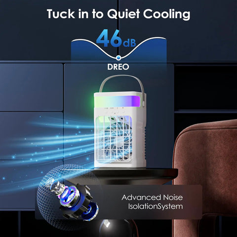 Compact Portable Personal Cooling Fan With Remote Control, Mini AC shown on table, 1500ml water tank, RGB lighting, noise isolation.