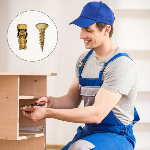 Heavy Duty Expansion Screw Set For Cabinets And Walls Easy Install Reinforcement Use with Cabinets shown by installer