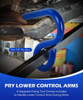 Blue lower control arm pry tool installed on car suspension, fits 7/8 inch pry bars