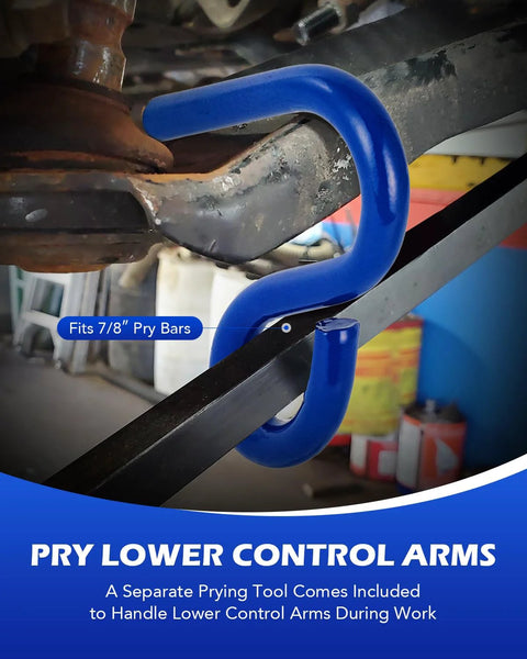 Blue lower control arm pry tool installed on car suspension, fits 7/8 inch pry bars