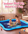 Mother and toddler playing with colorful balls in an indoor inflatable ball pit with text 'Indoor Ball Pit Hours of Fun'.
