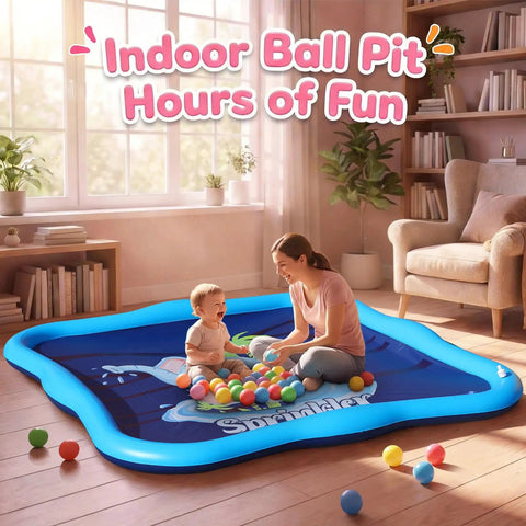 Mother and toddler playing with colorful balls in an indoor inflatable ball pit with text 'Indoor Ball Pit Hours of Fun'.