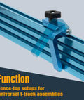Product Image: 3 Inch Fence Flip Stop For T Track Systems With One Quarter Inch Hex Bolt Curved Based Stop, mounted on blue T-track.