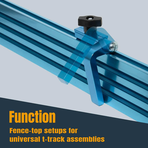 Product Image: 3 Inch Fence Flip Stop For T Track Systems With One Quarter Inch Hex Bolt Curved Based Stop, mounted on blue T-track.
