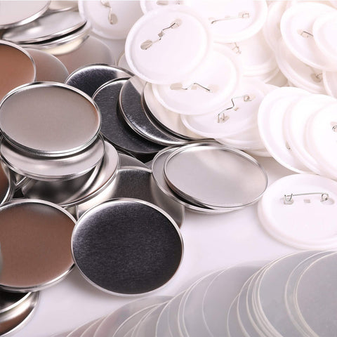 2.25-inch blank metal button badges with metal shells, white plastic backs, and clear Mylar sheets