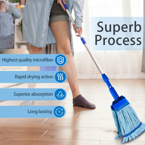 Grab These Top Shelf Microfiber Mop Refills For A Badass Clean Every Time Heavy Duty 400Gsm thick mop head in use on wood floor.