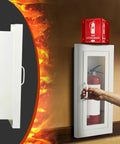 No Sweat Flush Install Heavy Duty Recessed Fire Extinguisher Cabinet Solid Steel Wall Box with clear window and red fire extinguisher in use.