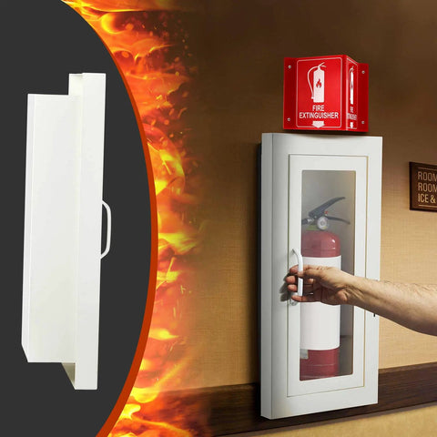 No Sweat Flush Install Heavy Duty Recessed Fire Extinguisher Cabinet Solid Steel Wall Box with clear window and red fire extinguisher in use.