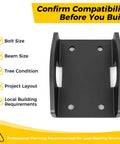 Beefy Heavy Duty Treehouse Bracket for 1.25 Inch Lag Bolts and TABs, Solid Steel Static Support Plate, Black Powder Coated Outdoor Hardware for Treehouse, Deck, and Platform Construction, 1 Pack, compatibility check graphic