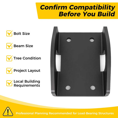 Beefy Heavy Duty Treehouse Bracket for 1.25 Inch Lag Bolts and TABs, Solid Steel Static Support Plate, Black Powder Coated Outdoor Hardware for Treehouse, Deck, and Platform Construction, 1 Pack, compatibility check graphic