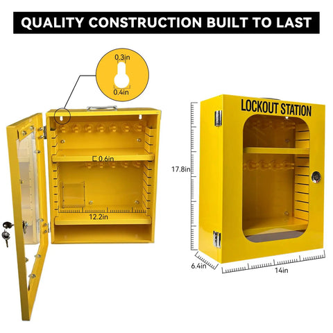All In One Lockout Tagout Cabinet Kit With 138 Piece LOTO Set For Industrial Safety Includes Padlocks Hasps Tags Circuit Breaker Locks Cable Locks Plugs And A Heavy Duty Storage Station, shown open and closed with measurements.
