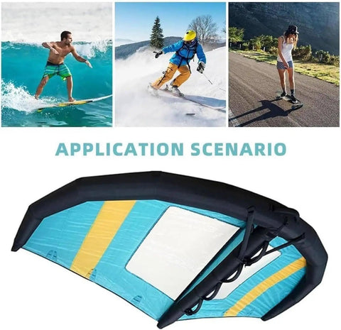 Inflatable Windsurf Wing For Water Sports Handheld Wingsurfer Kite with clear window shown in application scenarios