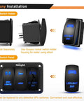2 Gang Rocker Switch Panel SPST On Off Toggle With Laser Pattern, 5 Pin, Aluminum Plate, Pre Wired Jumper Wires, 12V 20A And 24V 10A, Plug And Play Harness, Great For LED Light Bar, RV, Boats, 4x4, Cars, Blue, shown with switch holder