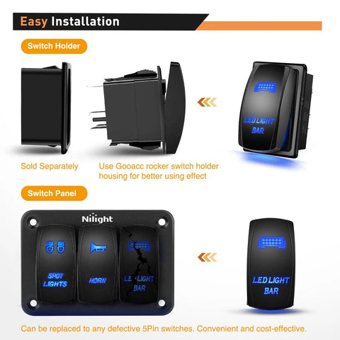 2 Gang Rocker Switch Panel SPST On Off Toggle With Laser Pattern, 5 Pin, Aluminum Plate, Pre Wired Jumper Wires, 12V 20A And 24V 10A, Plug And Play Harness, Great For LED Light Bar, RV, Boats, 4x4, Cars, Blue, shown with switch holder