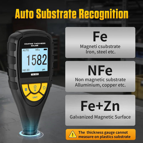 Pro Grade Paint Thickness Gauge For Car Coatings With Auto Calibration, Ultra Precise 0.1 Micron Resolution, 0-2000 Micron Range, Easy Readout, Durable Metal Body, Quick Checks For Every Panel, showing auto substrate recognition