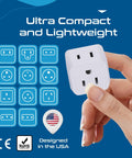 Hand holding a World Travel Adapter Kit 11 Pack 2 In 1 Grounded Power Adapter, shown with multiple outlet types and USA design badge.