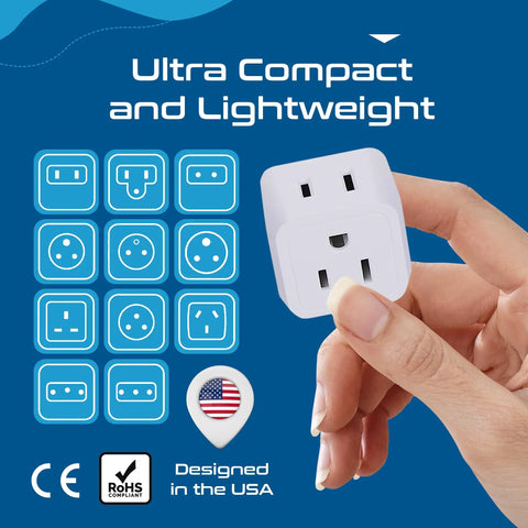 Hand holding a World Travel Adapter Kit 11 Pack 2 In 1 Grounded Power Adapter, shown with multiple outlet types and USA design badge.