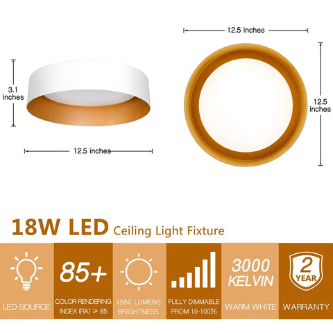 LED Ceiling Light Fixture 12.5 Inch Flush Mount Matte White With Gold Inside Dimmable 3000K Warm White 18W 100W Equiv Details