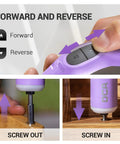 4V Cordless Screwdriver Set With 2000mAh Battery, USB C Charging showing forward and reverse buttons, purple handle