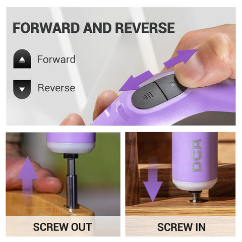 4V Cordless Screwdriver Set With 2000mAh Battery, USB C Charging showing forward and reverse buttons, purple handle