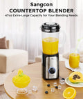 5 In 1 Kitchen Blender And Food Processor Set With BPA Free 47 Oz Pitcher blending orange juice on a wooden table.