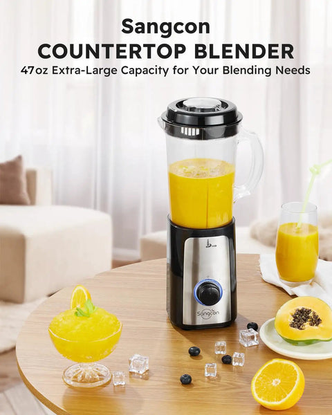 5 In 1 Kitchen Blender And Food Processor Set With BPA Free 47 Oz Pitcher blending orange juice on a wooden table.